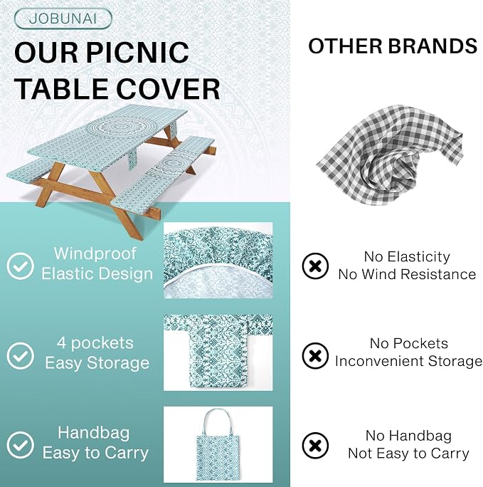 Jobunai Fitted 6Ft Picnic Table Cover with Chair Covers Elastic Polyester Stain Resistant Reusable Camping Table Cloth Patio Glamping Equipment Hiking Rv Outdoor Necessities Gifts for Grandma Grandpa