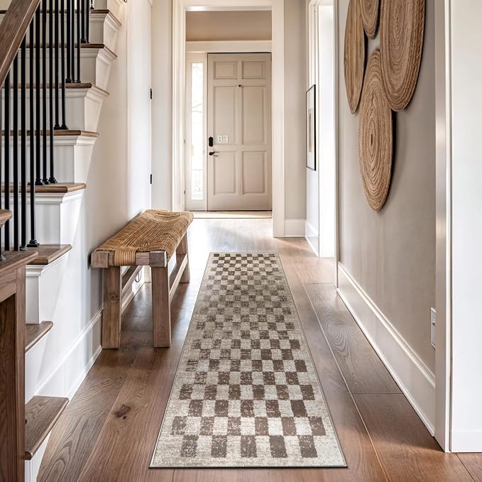Rugshop Contemporary Checkered Grid Textured Runner Rug Beige 2' 3" x 12' | Size 2' 3" x 12', Living Room, Bedroom, Dining Room, Home Office, Kitchen, Entryway, Hallway, Nursery, Kids Room, Guest Room