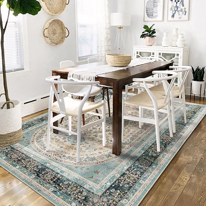 5x7 Area Rugs Washable,Blue Rug for Living Room Bedroom | Large Boho Vintage Bohemian Distressed Oriental Carpet Non Slip,Floral