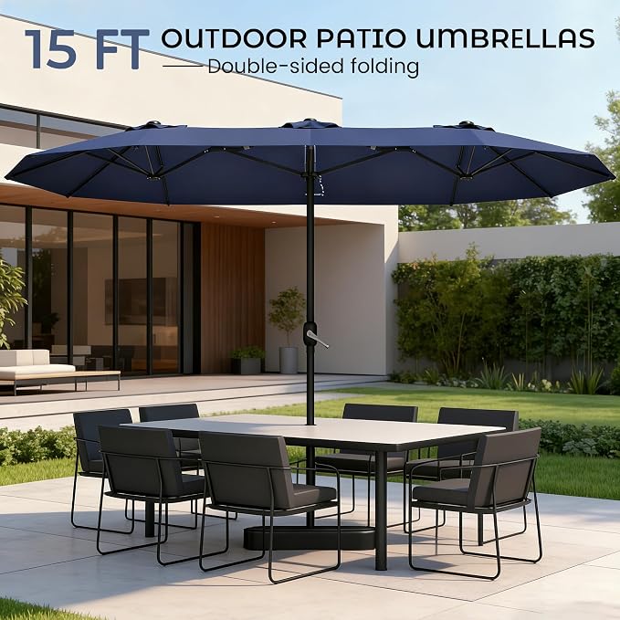 DomeShade 15ft Patio Umbrella with Base,Large Outdoor Double-Sided Rectangle Umbrella with Crank Handle, Market Umbrella for Poolside Garden Deck Backyard Beach Pools, Navy Blue