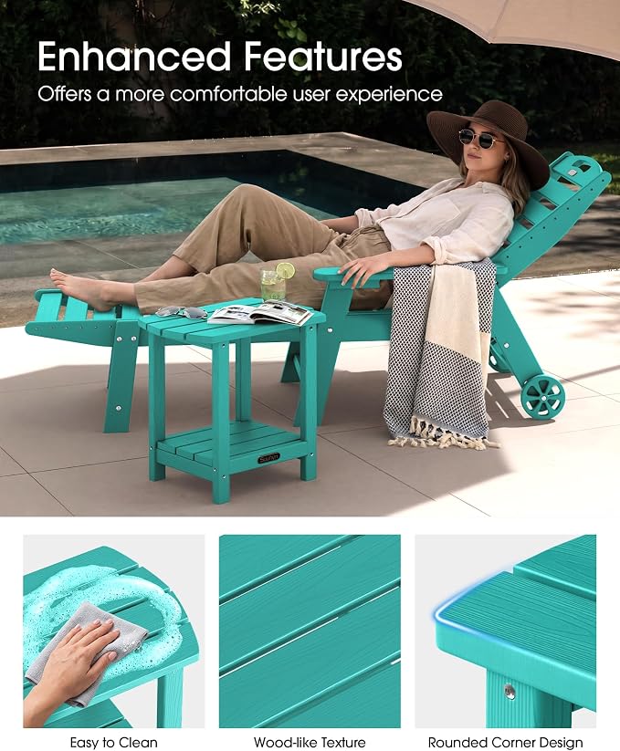 Outdoor Side Table, HDPE Small Outdoor Table, Adirondack Side Tables, Outside End Tables for Patio, Porch, Deck, Pool, Weather Resistant (Lake Blue)