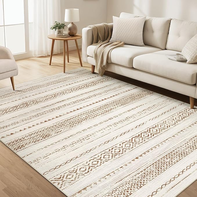 kakania Washable 6x9 Area Rug for Living Room: Boho Geometry Home Decor | Soft Stain Resistant, Low-Pile, Non-Slip, Pet & Kid Friendly, Thin Rug for Bedroom/Dining Room/Kids Dorm - Square Brown