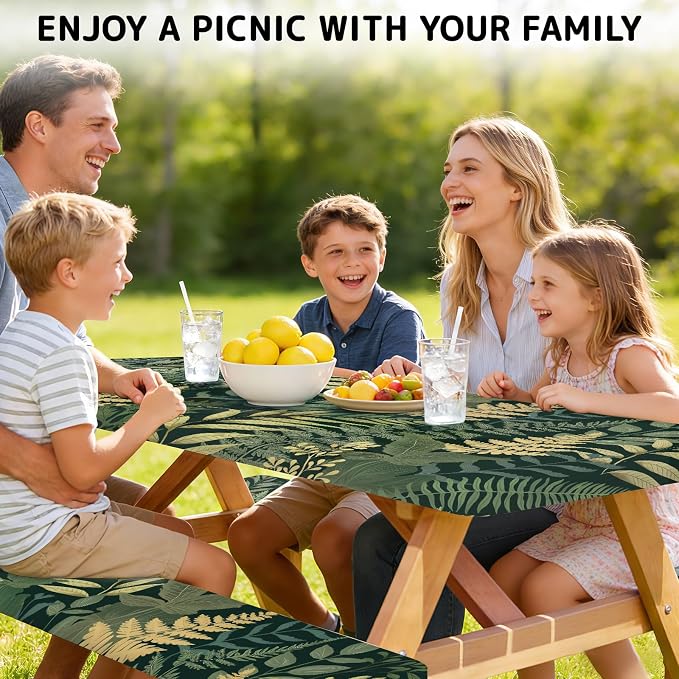 Picnic Table Cover with Bench Covers Elastic Edges, 3 Pcs Leaf View Fitted Table Cover with Drawstring Bag, Waterproof Windproof Aesthetic Camping Tablecloth, Outdoor Camping Essentials 72 Inch