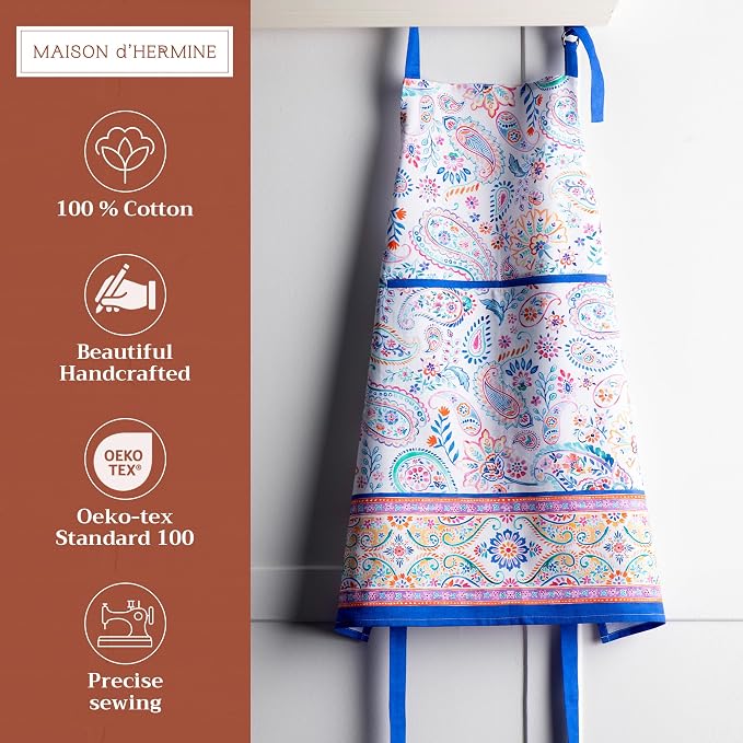 Maison d' Hermine Aprons for women with Pocket 100% Cotton (27.50"x31.50") | Adjustable Neck Strap & long ties Apron Men Chef Wedding Cooking Gardening Server Maid