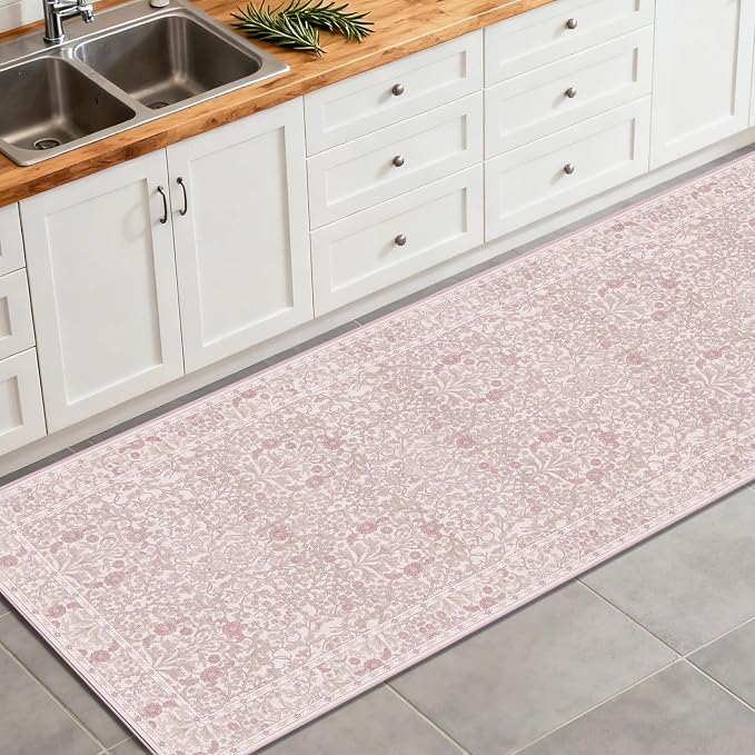 Washable 2'6" x 8' Runners for Hallways, Non Slip Long Floor Runner for Kitchen, Entryway Indoor, Stain Resistant Rubber Backing Floral Decor Rug (Pink)