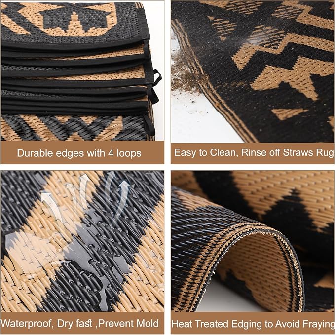Alfolo Outdoor Rugs 9x12 for Patios Clearance Brown Outdoor Plastic Straw Rug Black and Brown Outdoor Rug Waterproof Reversible Outside Mat with Durable Edges Double Woven Patio,Porch,Rv Camping Rug