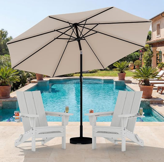 SERWALL Modern Folding Adirondack Chair Set with 9 Ft Umbrella, Folable Adirondack Chairs Set of 2 with Cup Holders, HDPE Fire Pit Chairs for Patio Lawn Garden, White (Umbrella Base is not Included)