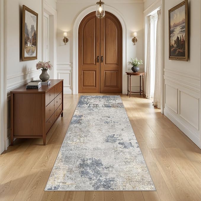 UERMEI 3x8 Washable Runner Rug for Hallway, Non Slip Low Pile Kitchen Carpet, Neutral Modern Abstract Indoor Floor Mat for Entryway Laundry, Kid & Pet Safe High Traffic Area, Blue Grey