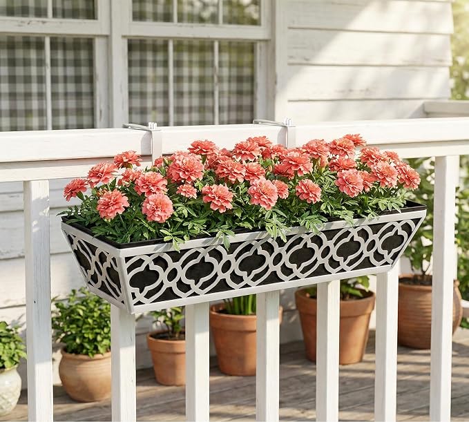 Y&M 24'' Railing Planter Box Set with Black Non-Woven Liner, Gray Metal Large Hanging Flower Boxes with Adjustable Brackets for Fence, Deck, Balcony, and Garden - 4 Pcs