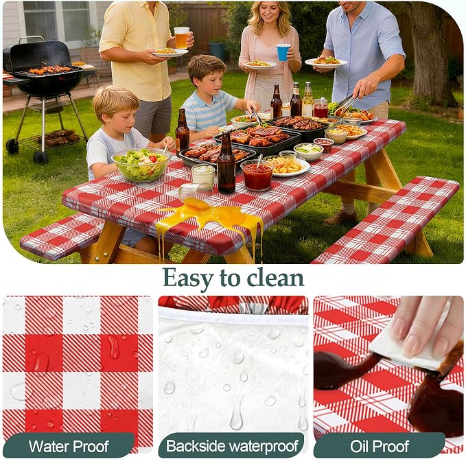 Play Tailor Picnic Table Cover with Bench Covers Camping Essentials Waterproof Windproof Camping Tablecloth with Drawstring Bag, Fitted Rectangle Tables and Seats, 96in, Red Checkered