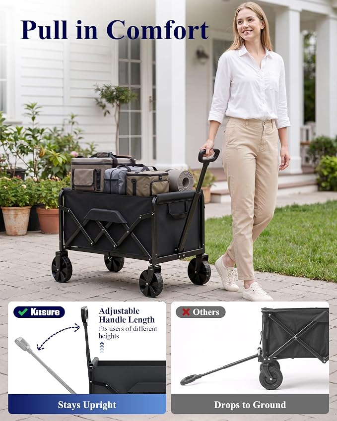 Kitsure Collapsible Wagon with Wheels, Foldable Dog Wagon Carts with 200lbs Load Capacity, Utility Shopping Cart, Black, 28.0" x 17.0" x 36.0"