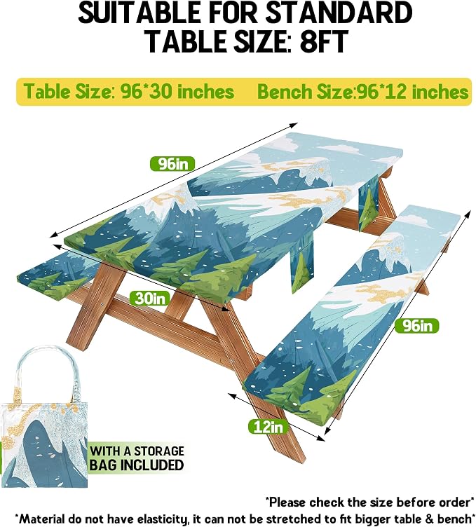 Picnic Table Cover with Bench Covers Waterproof Vinyl Elastic Rectangle Fitted Table Cloth Camping Lovers Essentials Rv Car Travel Overlanding Outdoor Roadtrip Road Trip Men Women Camper Gifts 8 Foot