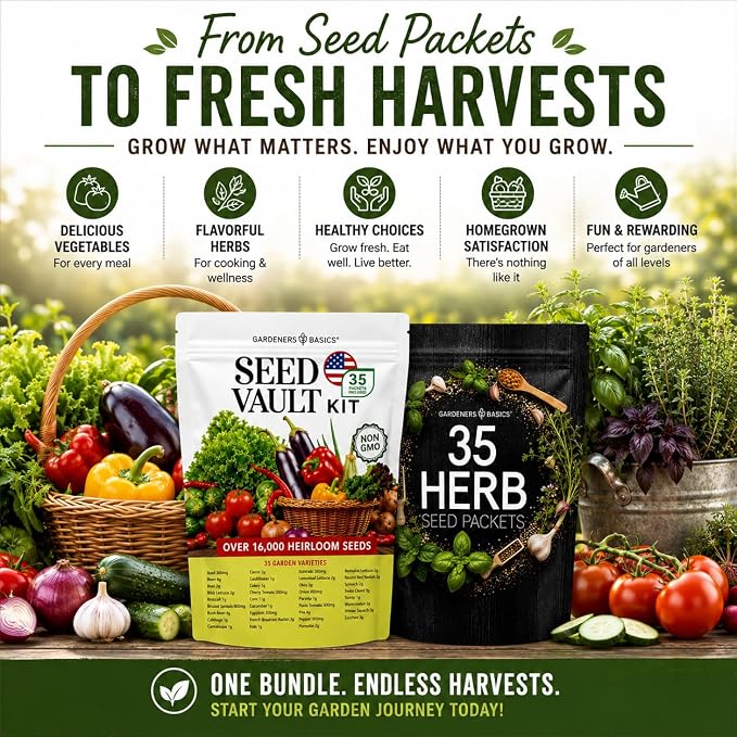 Gardeners Basics Seed Vault + Medicinal Herb Seed Bundle | 70 Heirloom Vegetable & Herb Varieties | 35,000+ Non-GMO Heirloom Seeds for Gardening, Homesteading & Prepping