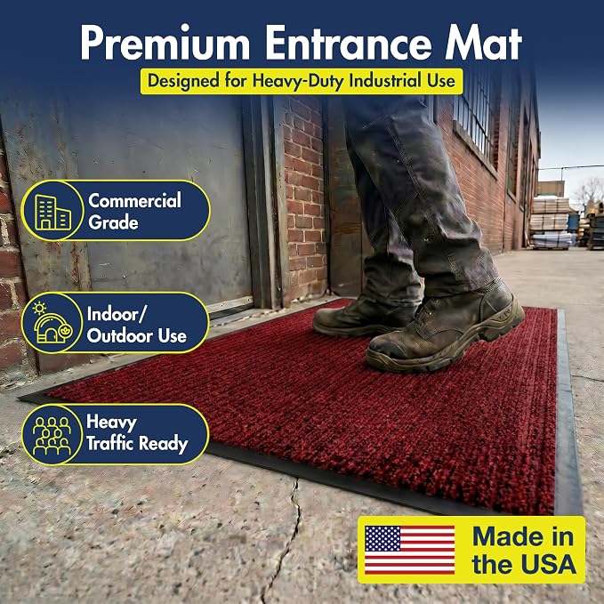 Notrax 109 Industrial Door Mat, 3' x 4' Entrance Mat, Heavy Duty Commercial Rugs for Entryway, Welcome Lobbies, Garage, and Mudroom, Made in the USA, Red, Brush Step 109S0034RB