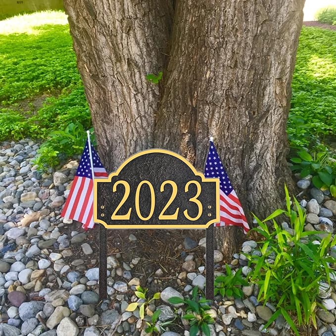 Personalized Address Sign LAWN MOUNTED - Custom House Number Sign Plaque,Address Plaque,House Numbers for Lawn Outside,Yard,Ground,Garden,Drive Way Free Standing with Stakes Metal (Golden)