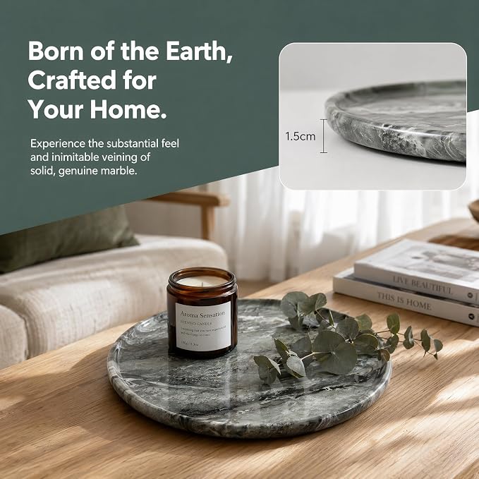 Real Natural Marble Round Tray 10.2in Solid Stone Decorative Plate | 26cm Luxury Green Marble Decor Tray for Candle, Jewelry, Plant. Food-Safe Solid Stone Serving Dish with Unique Veining