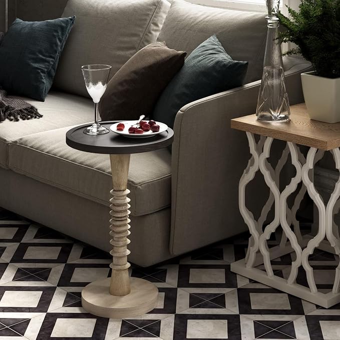 COZAYH Pedestal Small Drinking Table, Farmhouse Tray Top End Table, Distressed Finish, Black Top on Aging White Frame