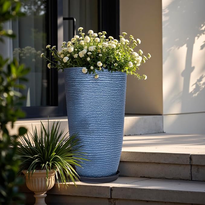 QCQHDU Set of 2 9 Gallon Tall Large planters for Outdoor/Indoor Plants of 12" Dia x 21" H Round Flower Pots Set Faux Stone Finish Front Door Patio Square Porch Planters with Tray, Sky Blue