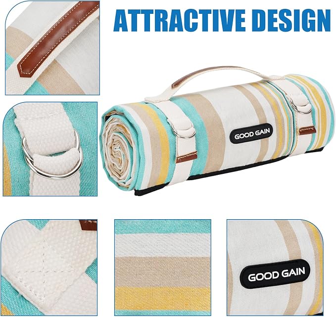 G GOOD GAIN Picnic Blanket Waterproof & Sand Proof,Beach Blanket Portable with Carry Strap, XL Large Foldable Picnic Rug Machine Washable for Camping Party,Wet Grass,Kids Playground.(Pineapple Yellow)