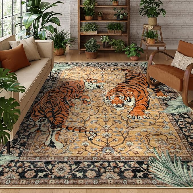 Moynesa Tiger 8x10 Area Rug, Washable Boho Rugs for Living Room, Vintage Large Soft Dining Room Rug, Non Slip Ultra Thin Stain Resistant Floor Carpet for Home Office Bedroom, Camel