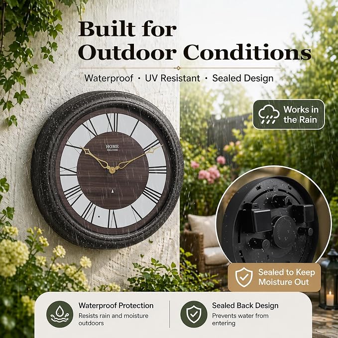 Pytha Sight 18 Inch Outdoor Clocks Waterproof, Atomic Analog Large Roman Numerals Outdoor Wall Clock with Light Sensor, Silent Non-Ticking Outdoor Clock for Patio Garden Porch Pool