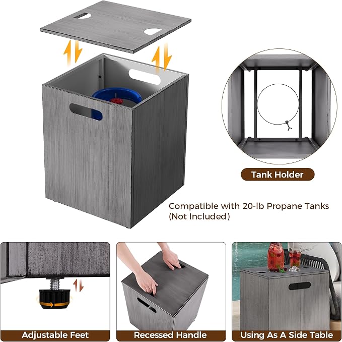IRONCK 43-inch Outdoor Propane Fire Pit Table w Tank Table, CSA Certified, 2 in 1 Rectangular Patio Fire Pit w Glass Rocks, Wind Guard and Cover, 50000 BTU Outside Heater for Pool, Vintage Gray