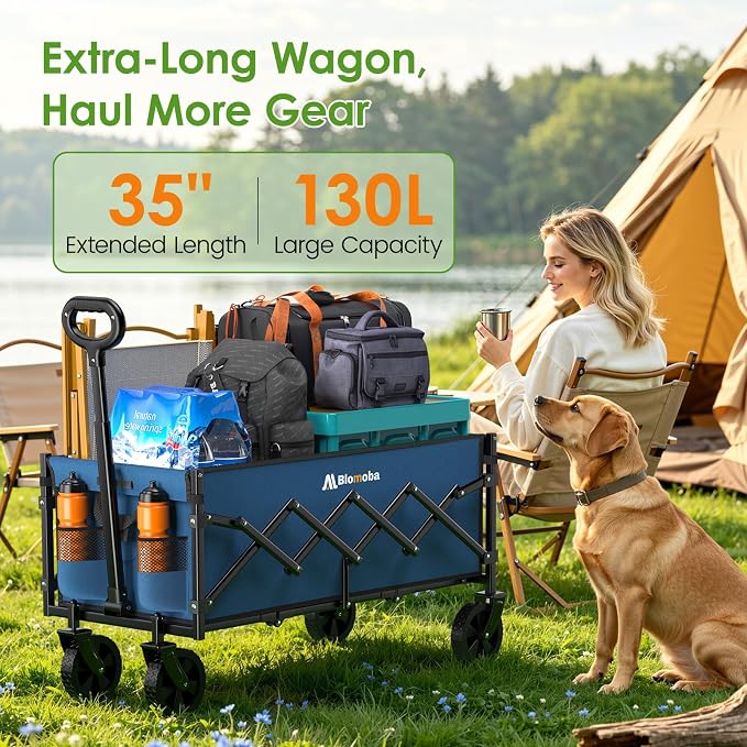 35'' Extra Long Collapsible Wagon with Wheels, 220 LBS Folding Wagon with 360° Swivel Wheels Adjustable Handle, Lightweight Portable Utility Cart for Grocery, Shopping, Garden, Sports, Camping, Blue