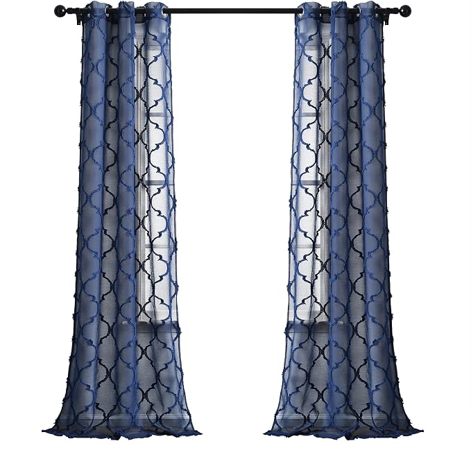 Lush Decor Avon Trellis Grommet Sheer Window Curtain Panels Pair 38" W x 95" L Navy - Sheer Curtains for Living Room - Modern Farmhouse Bedroom Curtains
