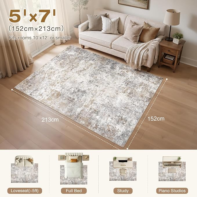 UERMEI 5x7 Area Rug Living Room Rugs Washable Neutral Brown Grey Carpet | Modern Abstract Non-Slip Soft Low Pile Floor Rugs for Bedroom Dining Room Home Office Indoor Decor