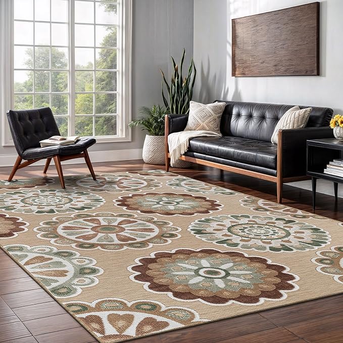 Outdoor Rug 10x14 Washable Area Rugs Indoor Outdoor Carpets Beige Bohemian Medallion Non Shedding Waterproof Easy Clean Patio Deck Porch Living Room Bedroom Garden RV (10 X 14 Beige)