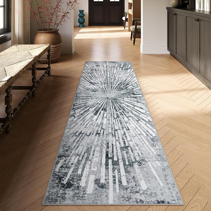 Lahome Manon Grey Hallway Runner Rug 2.5x8, Non Slip Rug Runners for Hallway, Low Pile Modern Kitchen Runner Washable Abstract Soft Carpet Runner for Entryway Bathroom