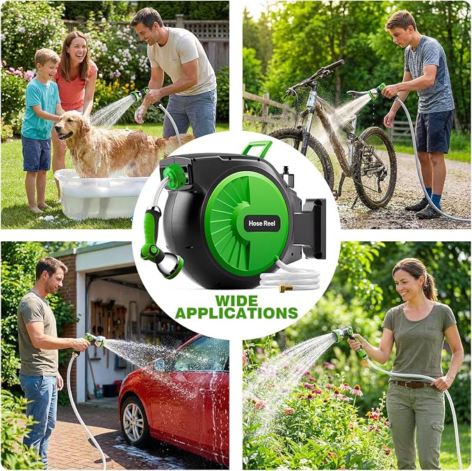 Retractable Garden Hose Reel 66FT x 1/2 in, Wall Mount Water Hose Reel for Outside with Auto Rewind, Tangle-Free Guide, 180° Swivel Bracket, Lock at Any Length, High-Pressure Flow, 10-Pattern Nozzle