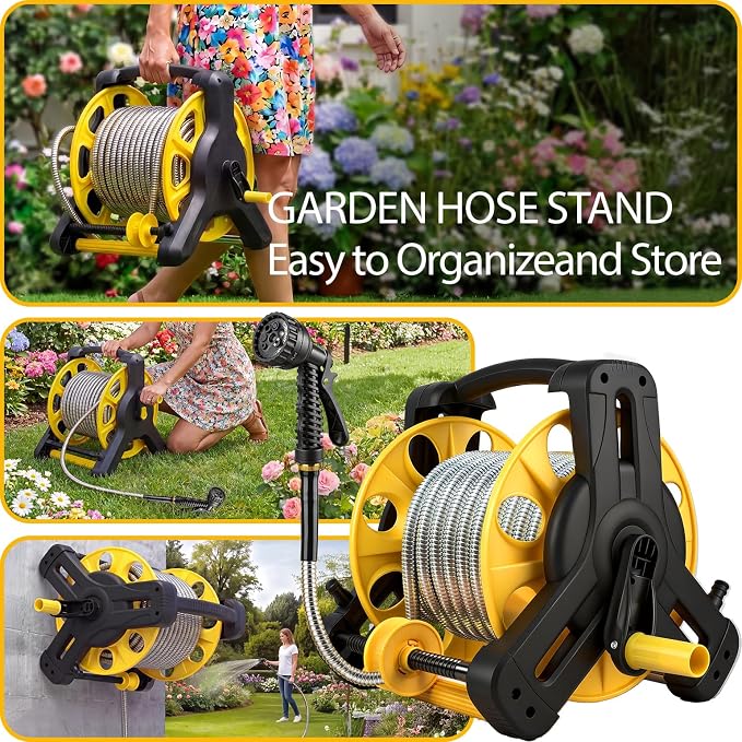 100ft Metal Garden Hose,Heavy Duty Stainless Steel Flexible Water Hose And Reel,10-Function Spray Nozzle Rust Proof for Yard,Outdoor,RV,Pet Bath