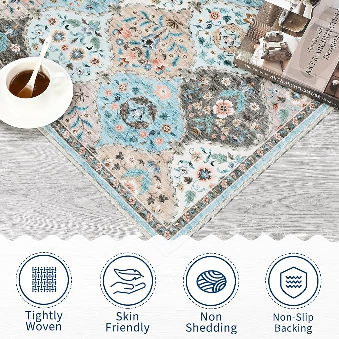 ROYHOME Runner Rug Trellis Washable Hallway Runner Rug 2' x 6' | Stain Resistant Non-Slip Distressed Floral Runner Entrance Carpet for Bedroom Laundry Kitchen Entryway, Blue/Taupe