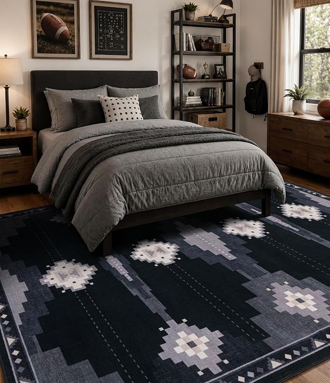 6'x9' Washable Area Rug for Living Room, Black and Grey Western Aztec Rug | Soft, Non-Slip, Low Pile, Tribal Geometric Design, for Boy Bedroom Dining Room Playroom, Stain Resistant