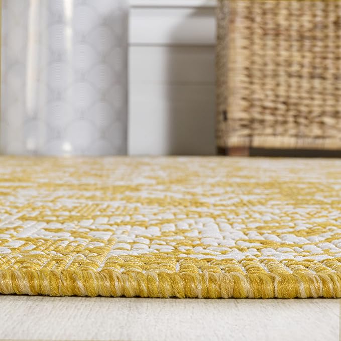 JONATHAN Y Weave Floral Indoor Outdoor Square Area Rug 5X5 Yellow/Cream, Tela Bohemian Textured for Backyard, Patio, Porch, Easy-Cleaning, High Traffic, Pet-Friendly, Non-Shedding (SMB100E-5SQ)