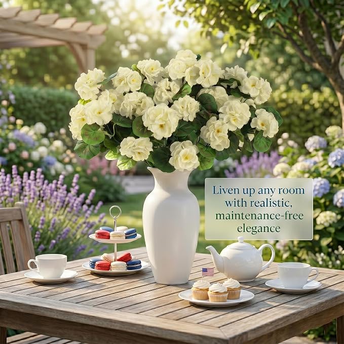 12 Pcs Artificial Geranium Flowers for Outdoor, UV Resistant Geraniums Artificial Flowers Realistic Faux Flowers Outdoor for Planters Outside Porch Garden Decor (15.3", White)