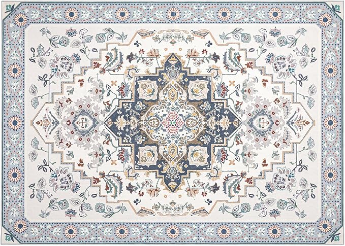 Phantoscope Washable Area Rug 5'x7' Non-Slip, Vintage Boho Rugs for Living Room, Bedroom, Dining Room, Persian Floral Medallion Pattern, Low-Pile Foldable Floor Carpet, Ivory Blue/Garden Bloom