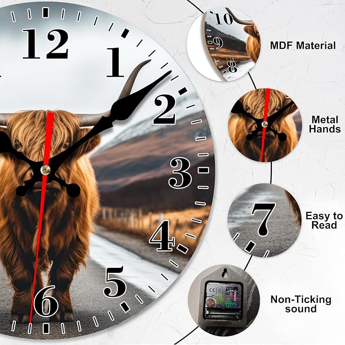 Wall Clock, Scotland Highland Cow Silent Non Ticking Battery Operated Round Decorative Indoor Outdoor Clocks for Living Room Kitchen Bedroom Bathroom Patio 12"