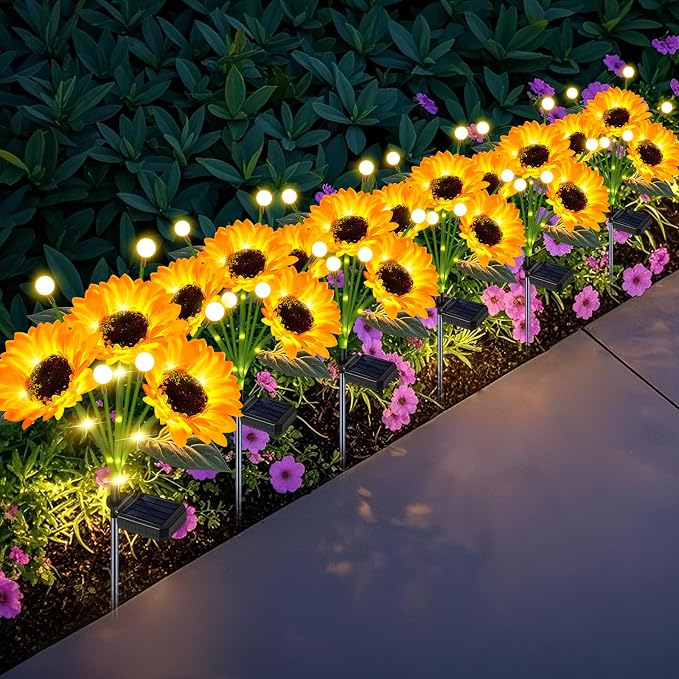 EDOF 6 Pack Sunflower with Firefly Lights,Solar Lights Outdoor Garden Decor,Solar Flowers Lights Waterproof,Sunflowers Birthday Gifts for Mom Women,Decorative Stakes Fairy Lights for Yard Patio Lawn