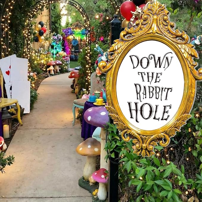 Preboun Wonderland Tea Party Decor Outdoor 11.81 x 8.66'' Down The Rabbit Hole Garden Decor Yard Sign Vintage Waterproof Gold Oval Mirror Tea Party for Wonderland Birthday Baby Shower Lawn Garden