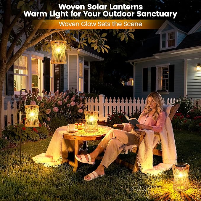 Solar Lanterns Outdoor Waterproof 4 Pack, Upgraded Rattan Hanging Solar Lights for Outside with Handle, Bright Auto On/Off Decorative Outdoor Lanterns for Patio Garden Yard Porch, Gifts for Mom