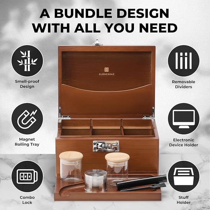 GLENCREAG Stash Box with Rolling Tray, Smell Proof Large Bamboo Storage Box with Lock, Decorative Set Includes Glass Jars & Grinder, Gift for Men Women