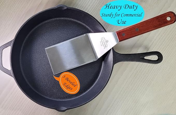 La Cuisine 3-PC SS Griddle Spatula Set - BBQ Tools Set Food Scraper for Grill Teppanyaki Flipping Patties Pancake Fish, 2 pcs SS Spatulas 1 pc Chopper/Scrapper with solid wood handle