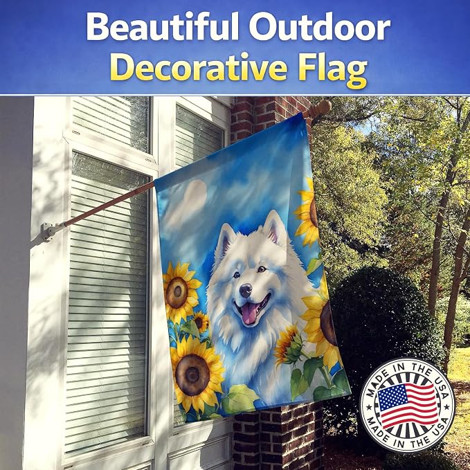Caroline's Treasures DAC6153CHF Samoyed in Sunflowers House Flag Large Porch Sleeve Pole Decorative Outside Yard Banner Artwork Wall Hanging, Polyester, House Size, Multicolor