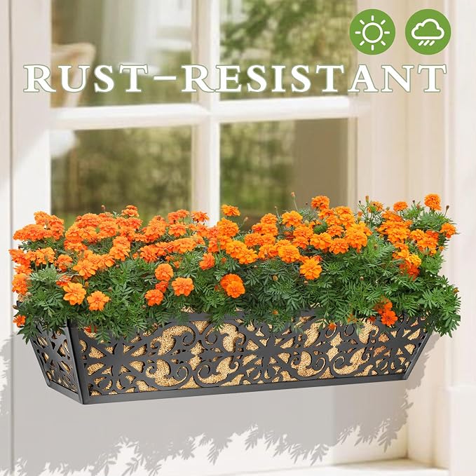 4 Pack 30 Inch Window Boxes Planters Railing Planter Box with Adjustable Brackets & Coco Liners Fabric Plant Grow Bags Deck Railing Planter Boxes Balcony Hanging Flower Box for Outdoor Plants