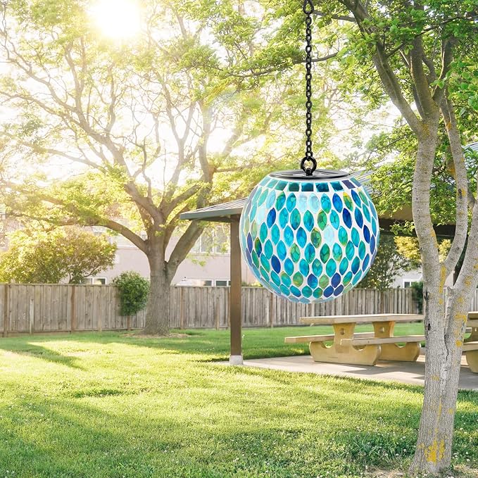 Mosaic Solar Lantern Outdoor Waterproof Glass Hanging Solar Lights, Blue | Solar Hanging Lantern IP44 Waterproof Mosaic Gazing Ball with White LED Lights, Metal Hanging Chain, Outdoor Pathway Decor