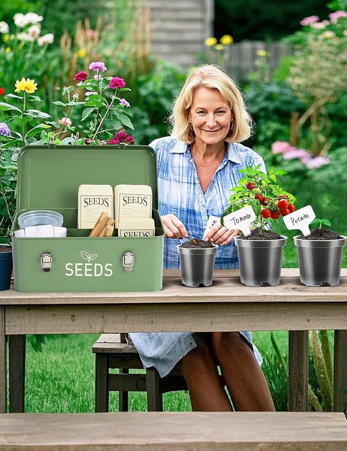 Metal Seed Storage Organizer, Seed Storage Box with Safety Locks, Compartments Box with 3 Clear Plant Nursery Pots, 40 Plant Labels, 30 Seed Envelopes, 1 Marker Pen