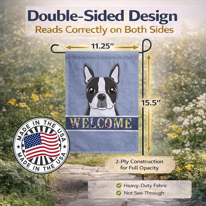 Caroline's Treasures BB1389GF Boston Terrier Welcome Garden Flag, Blue Mailbox Flag Decorative Yard Flag Banner Outside Patio Artwork Yard Flower Beds, Garden Size, Multicolor