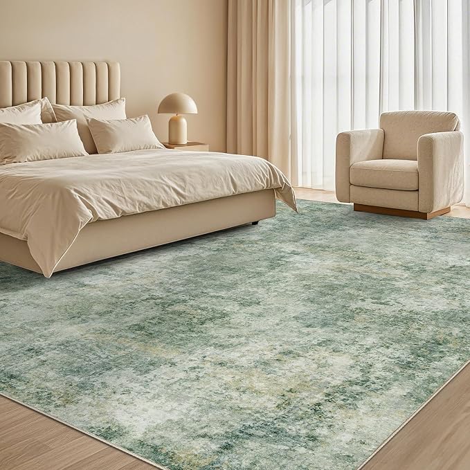 Tortania Washable 8x10 Area Rug for Living Room: Modern Abstract Neutral Large Soft Thin Rugs - Non Slip Indoor Carpet for Bedroom Dining Room Office Nursery Home Floor Decoration - Olive Green